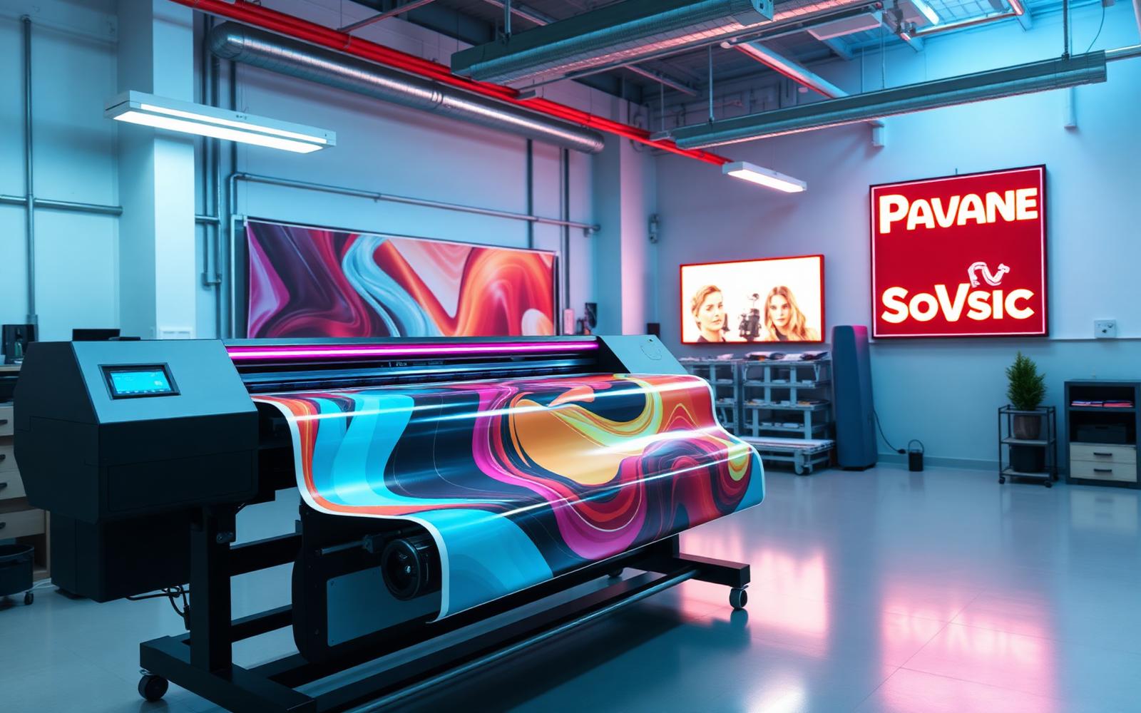 Large format digital printer producing a colourful banner